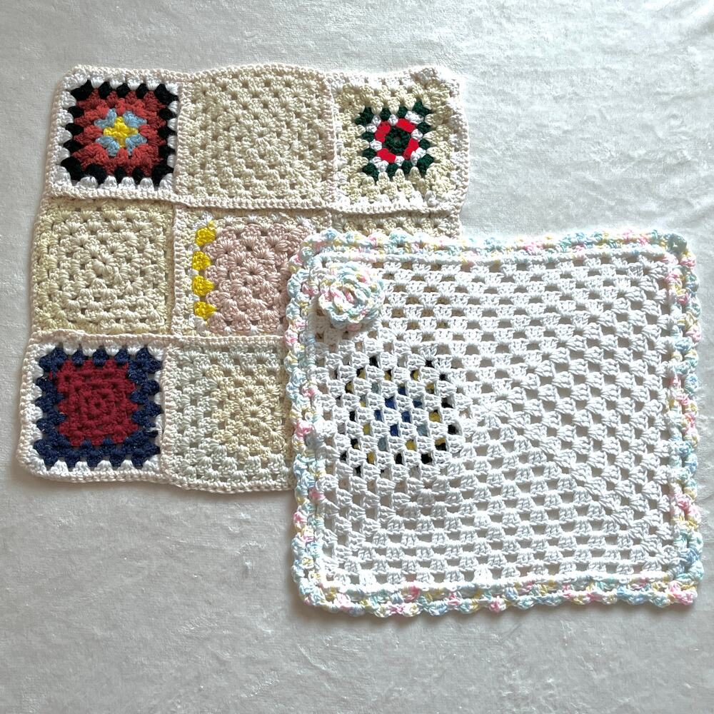 Crochet Doll Blankets Colorful Granny Square, Pastel Rose Embellished Lot of 2
